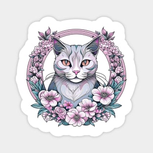 Pink Cat Floral Circle Magnet