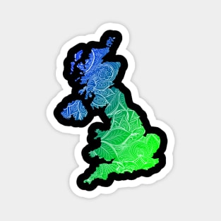 Colorful mandala art map of United Kingdom with text in blue and green Magnet