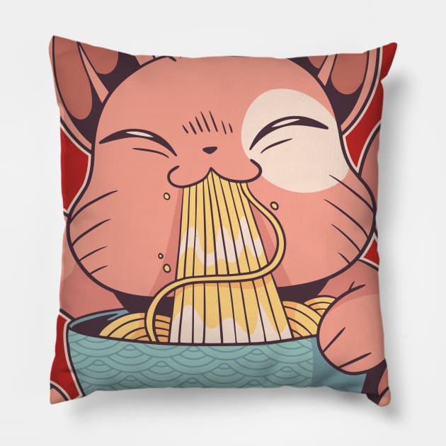 Cat eating ramen noodles Pillow by Dots & Patterns