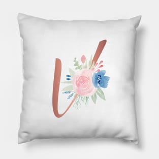 Letter V Rose Gold and Watercolor Blush Pink and Navy Pillow