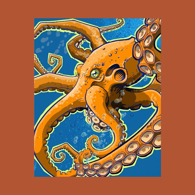 Tangerine Octopus on Blue Background by grosvenordesign