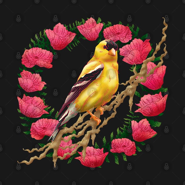 American Goldfinch Head Bird on Pink Flowers by Spirit Animals 21
