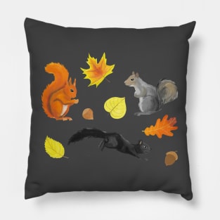 Cute squirrels in a forest pattern: red, black, and gray on a green background Pillow