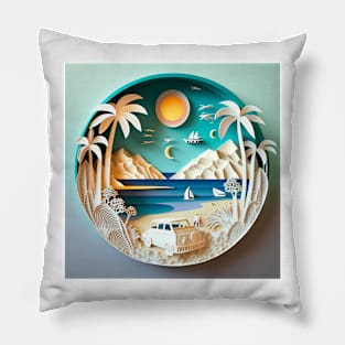 3D Effect Papercut Art - Beach Scene Pillow