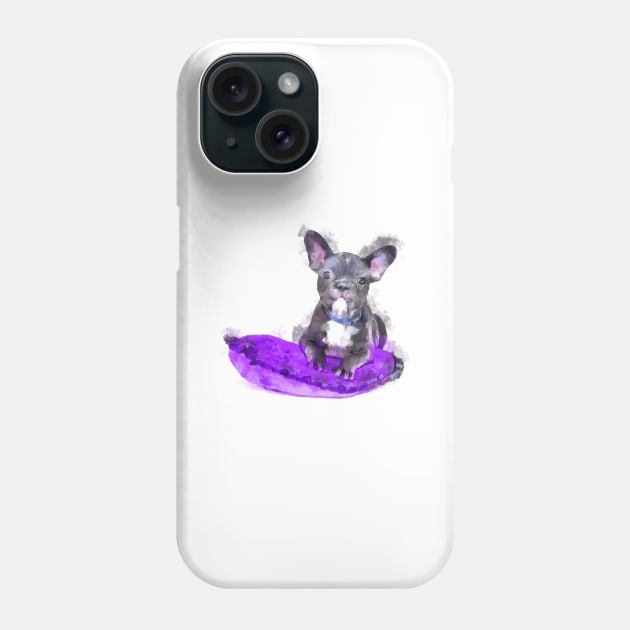 Cute Black And White Bulldog Puppy On A Purple Cusion Digital Portrait Phone Case by NeavesPhoto
