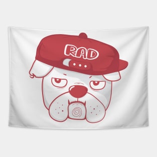funny Grumpy face bulldog wears RAD baseball cap, cute doodle cartoon Tapestry