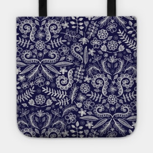 Chalkboard Floral Doodle Pattern in Navy & Cream Tote