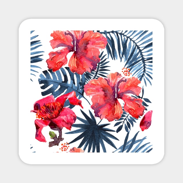 Watercolor tropical leaves and plants. Hand painted jungle greenery background Magnet by Olga Berlet
