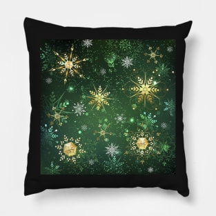 Golden Snowflakes on Green Background Pillow