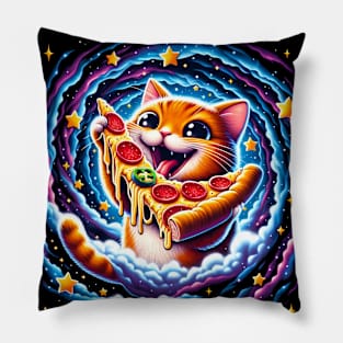 Funny Orange Cat eating Pizza in Space Pillow