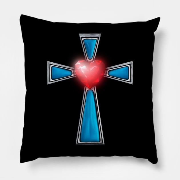 Cross Blue Stones Ruby Red Heart Pillow by SoLunAgua
