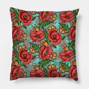 Poppies Flowers And Butterflies Pattern Pillow