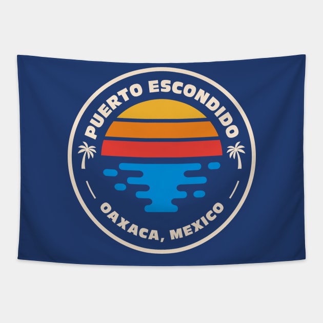 Retro Puerto Escondido Oaxaca Mexico Vintage Beach Surf Emblem Tapestry by Now Boarding