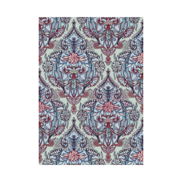 Botanical Moroccan Doodle Pattern in Navy Blue, Red & Grey by micklyn