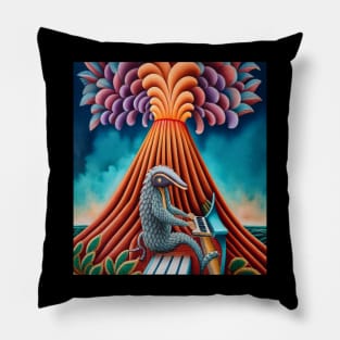 Pangolin playing piano on fiery volcano Pillow