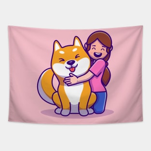 Cute Girl With Shiba Inu Dog Cartoon Tapestry