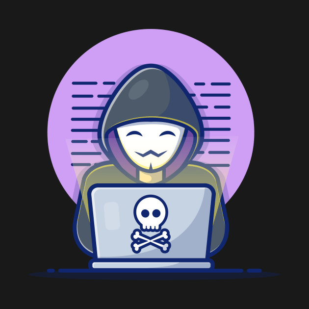 Masked hacker operating a laptop cartoon by Catalyst Labs