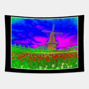 Windmill with Tulips Abstract Surreal Psychedelic Netherlands Scenic Print Tapestry