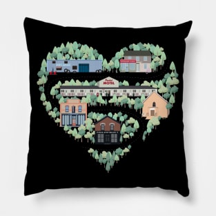 I Love the Town of Schitt's Creek, where everyone fits in. From the Rosebud Motel to Rose Apothecary, a drawing of the Schitt's Creek Buildings Pillow