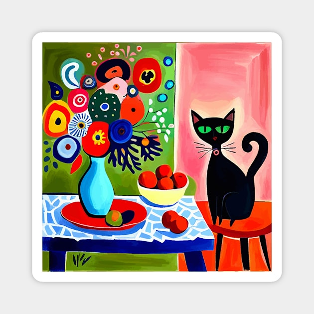 Black Cat with Flowers in a Blue Vase Still Life Painting Magnet by bragova