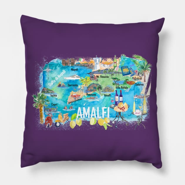 Amalfi_Illustrated_Travel_Map_With_RoadsM Pillow by artshop77