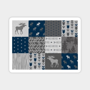 Woodland Patchwork - Navy and grey moose Magnet