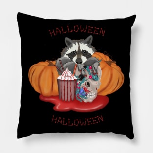 Halloween Raccoon with skull and pumpkins in the blood puddle Pillow