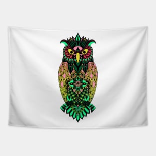 fluorescent luminicent psychodelic owl in pattern wisdom of wonders ecopop wallpaper art tribal zendoodle of flowers Tapestry