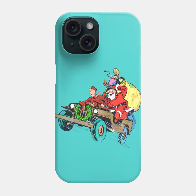 Retro Christmas Military truck at full speed with soldier carrying Santa Claus to deliver gift toys in Christmas fun Vintage Comic Book Phone Case by REVISTANGO