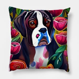 Boxer Dog Floppy Ears Puppy Whimsical Portrait Hiding in Wildflowers Secret Garden Digital Art Watercolor Painting Pillow