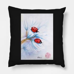 "companions"  ladybugs mixed media painting - watercolor, ink, colored pencil Pillow