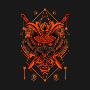 Orange and Black Illustration Samurai Cat T-Shirt