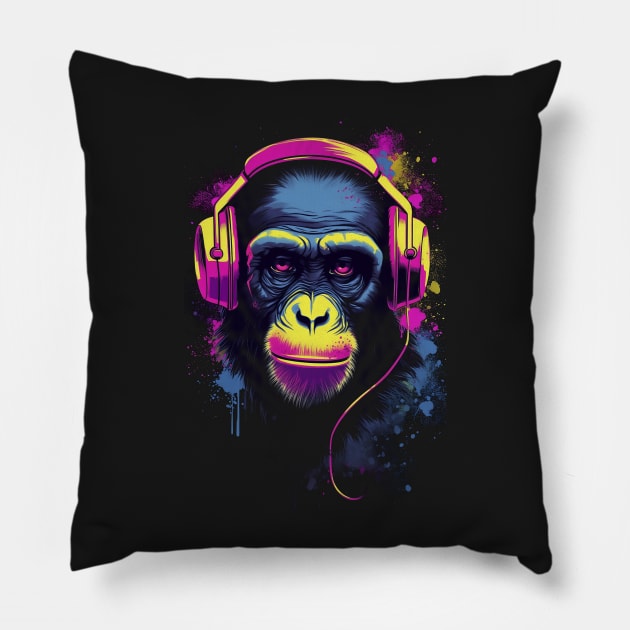 Chimpanzee with Headphones Wearing Police Sunglasses - Cool Synthwave Design Pillow by Abili-Tees