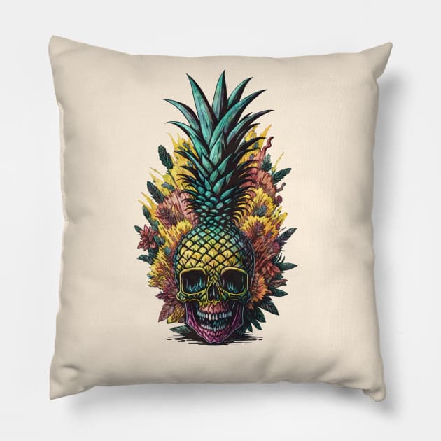 Summer color in skull Pineapple face, fruit summer, retro style Pillow by Collagedream