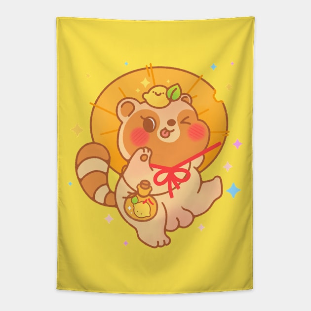 Happy Tanuki Yokai (Japanese Raccoon dog) Tapestry by pinkginkgo