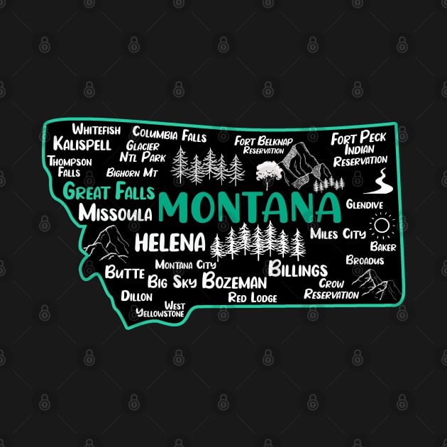 Cute map of Great Falls Montana, Missoula, Helena, Butte, Bozemian, Billings, Kalispell, Big Sky by BoogieCreates