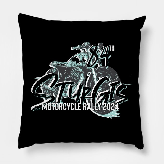 84th Sturgis Motorcycle rally teal and grey 2024 Pillow by PincGeneral