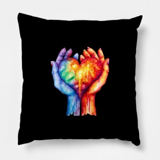 Watercolor Gradient Rainbow Heart In Hands T-Shirt Pillow