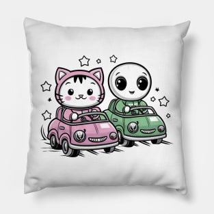 Cute kitty cat and alien in crazy cars Pillow