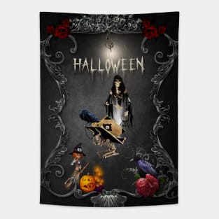 Funny halloween design with skeleton, witch and crows Tapestry