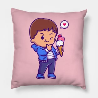 Cute Boy Holding Ice Cream Cartoon Pillow