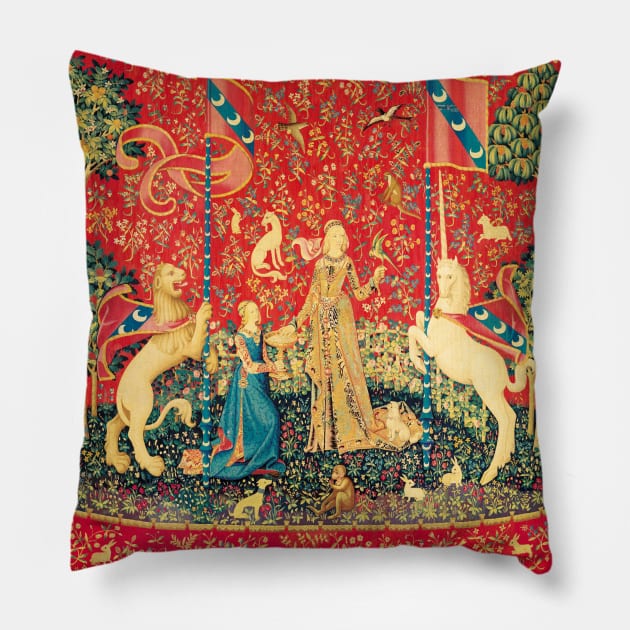 LADY AND UNICORN Taste, Red Green Fantasy Flowers,Animals Pillow by BulganLumini