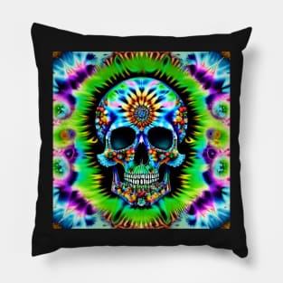 Skull Tie Dye Psychedelic Trippy Festival Hippie Neon Pillow