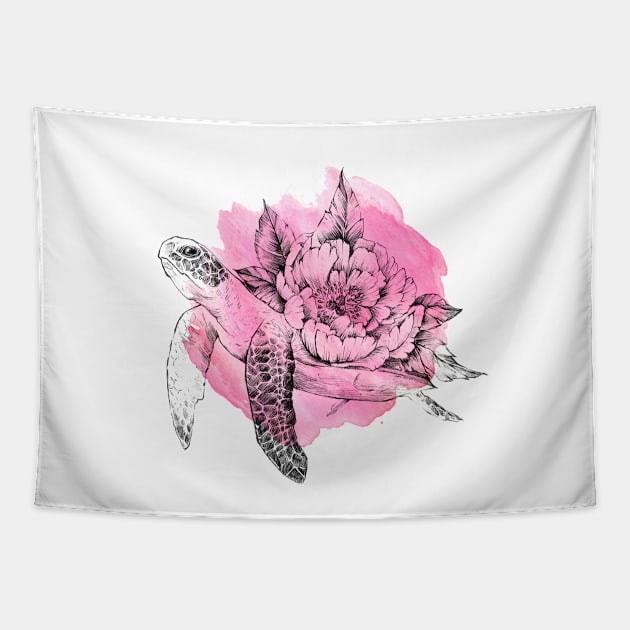 Turtle with peony Tapestry by Lesja Gost art