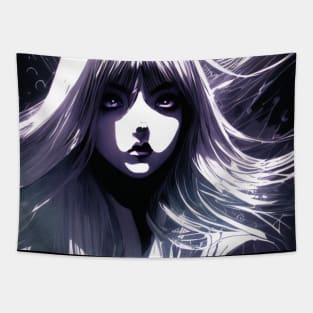 Graceful Monotone: Enchanting Depictions of Black and White Anime Girls Goth Gothic Fashion Blue Light Dark Retro Vintage Tapestry