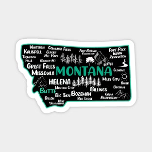 Cute map of Butte Montana, Helena, Missoula, Great Falls, Bozemian, Kalispell, Big Sky Magnet