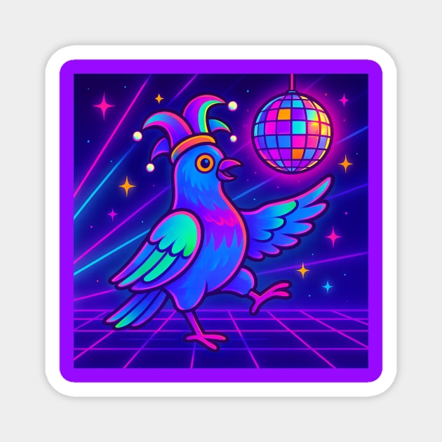 Vaporwave Dancing Jester Pigeon – Retro Neon Disco Bird Magnet by DonWillisJrArt
