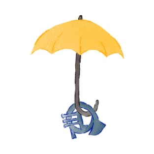 Yellow umbrella and blue horn - pink T-Shirt