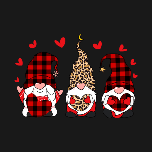 Three Gnomes Holding Hearts Happy Valentines Day 2021 leopard Red plaid T-Shirt