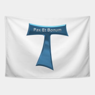 Franciscan Tau Cross Pax Et Bonum Blue and Silver Metallic Tapestry